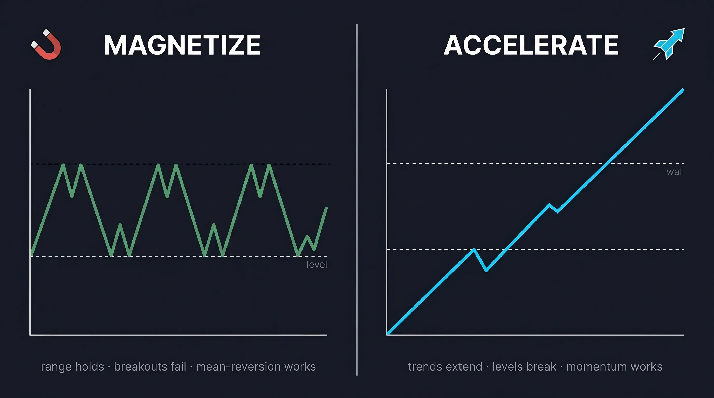 Two regimes side-by-side — positive-gamma magnetize, negative-gamma accelerate