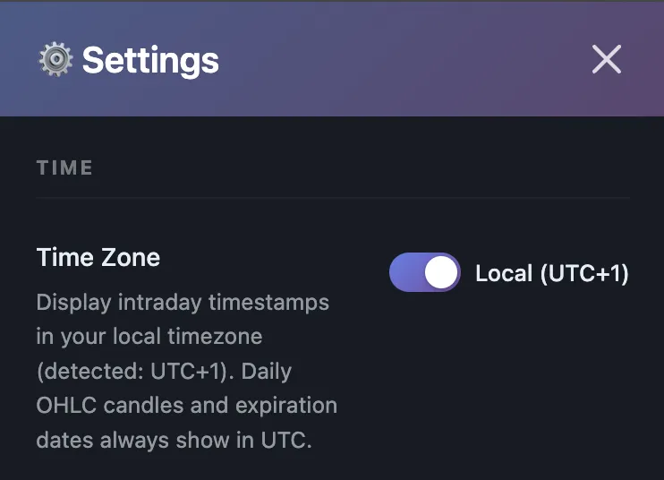 Time Zone toggle in Settings switching intraday timestamps from UTC to local time