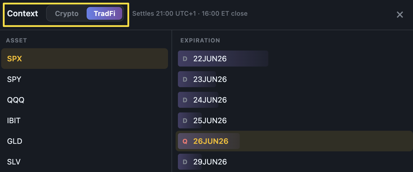 The Crypto / TradFi toggle in the context panel